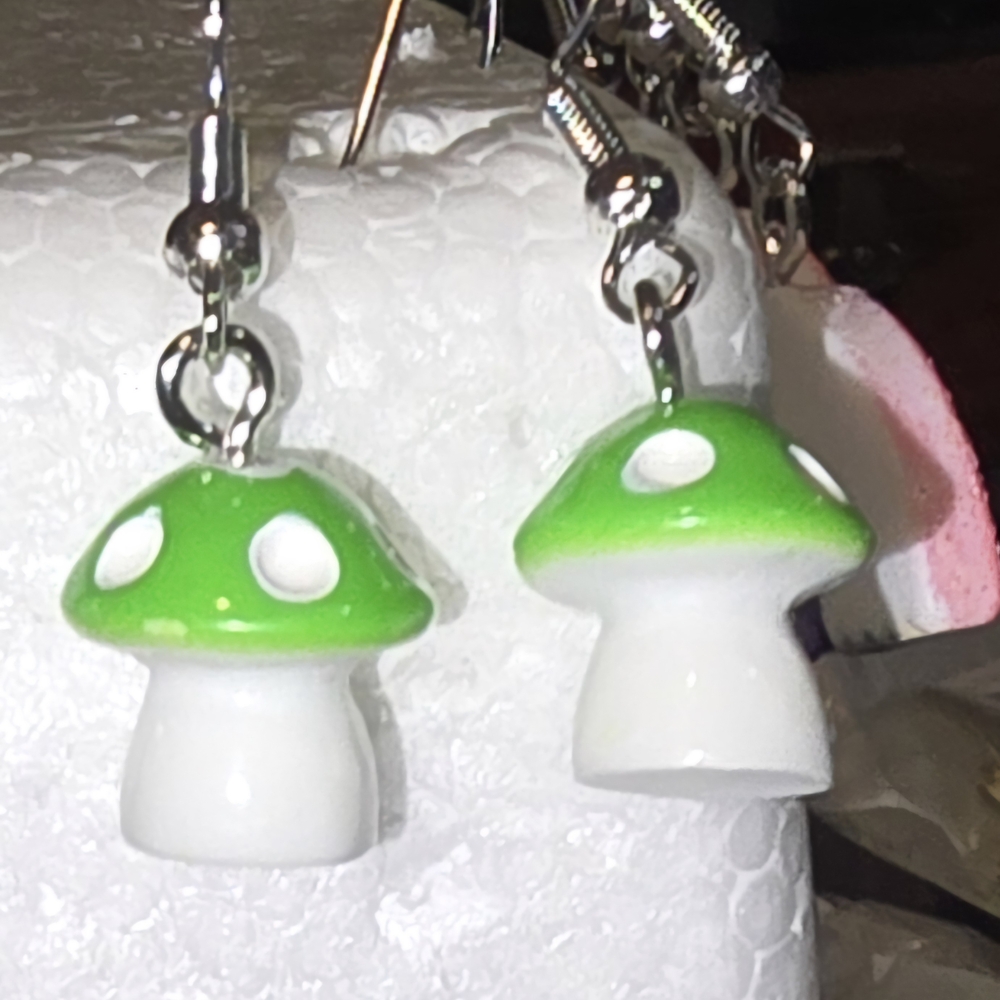 Green and White Mushroom Earrings